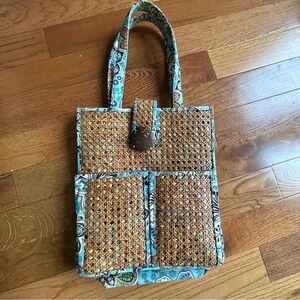 VERA BRADLEY Tiki Tote Double Handle Shopper Beach Rattan Overlay - Blue & Green